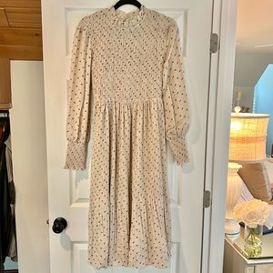 Petallush Floral Print Long Sleeve High Neckline Adjustable Tie Strap Midi Dress